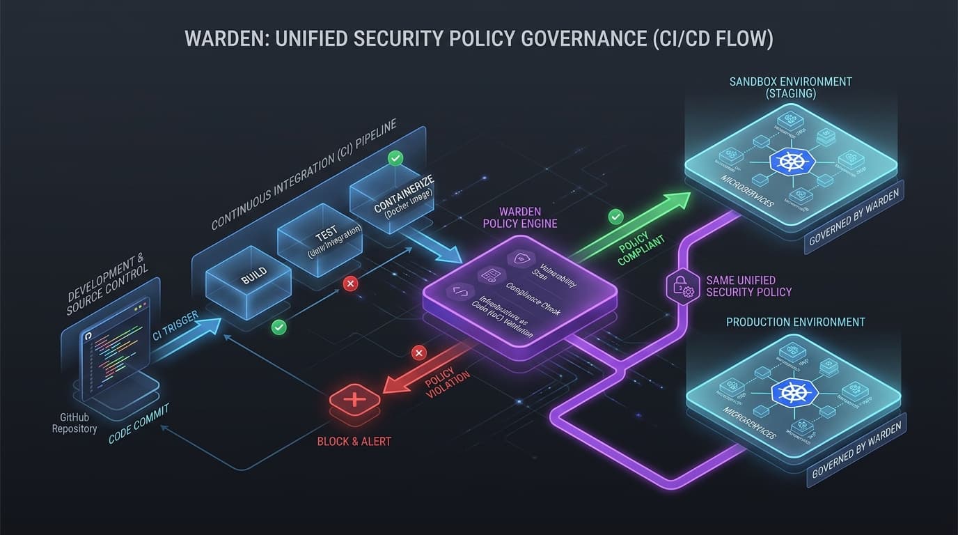 CI pipeline governing sandboxed builds and deployments