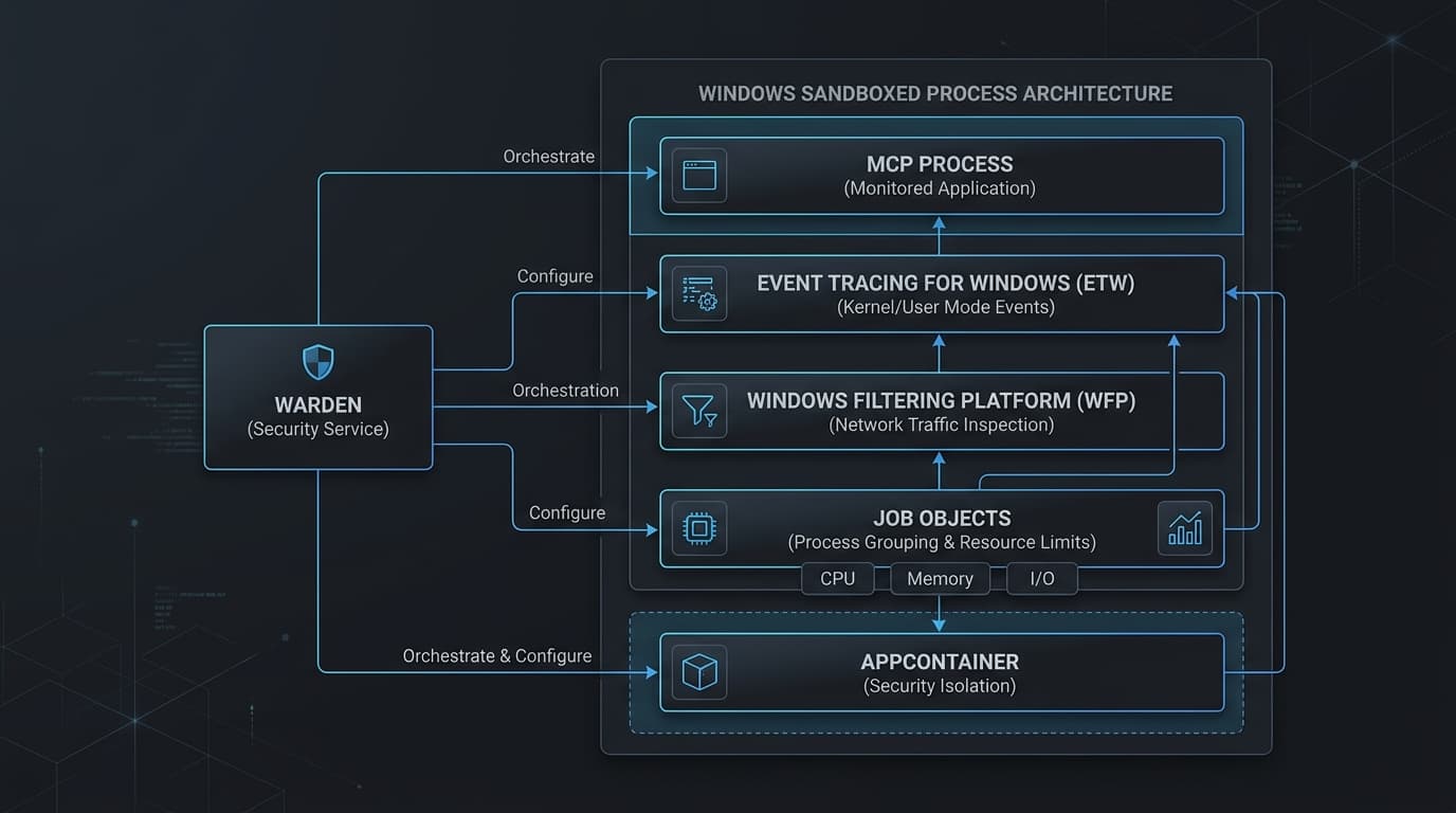 Windows backend architecture with AppContainer, WFP and ETW