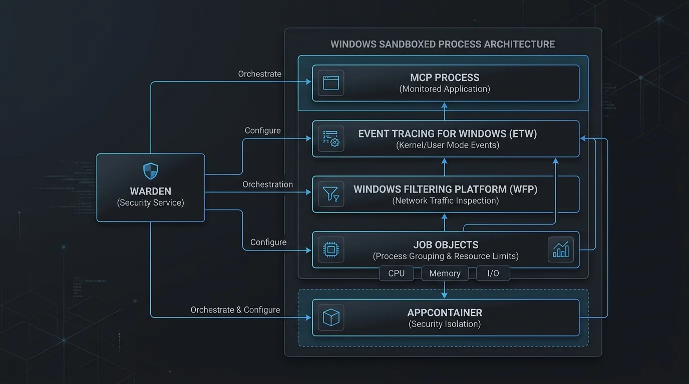 Diagram of the Windows backend layers: AppContainer, WFP egress filters, and Job Objects